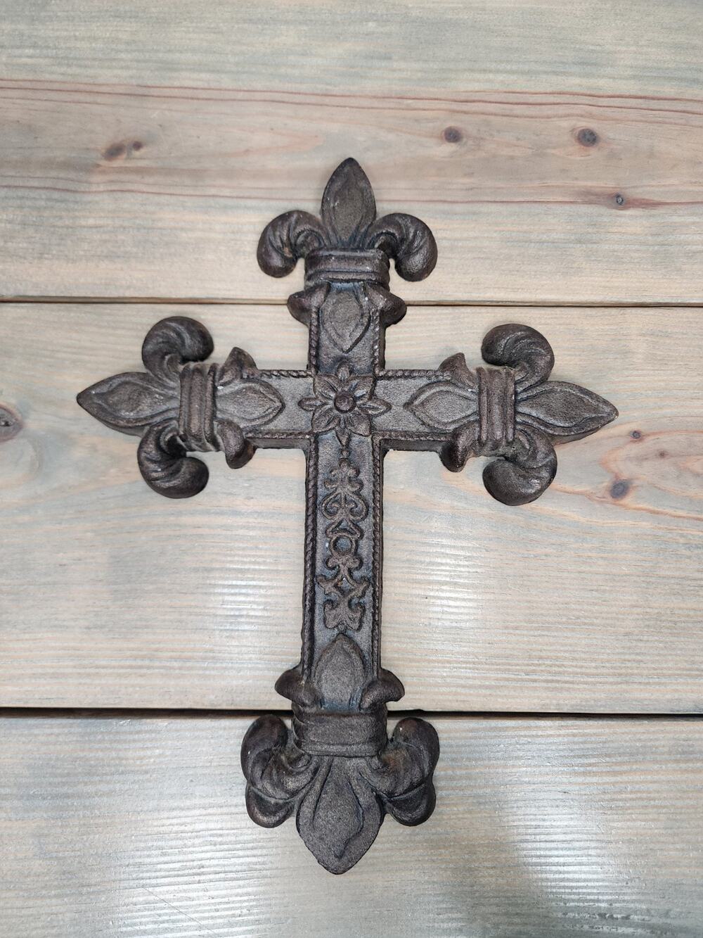 Vintage Cast Iron Wall Cross Floral Fleur De Lis 12"